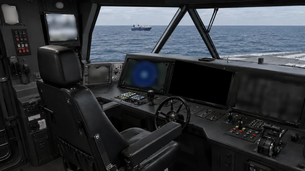 View from inside the APV bridge with a whaling vessel visible at sea ahead