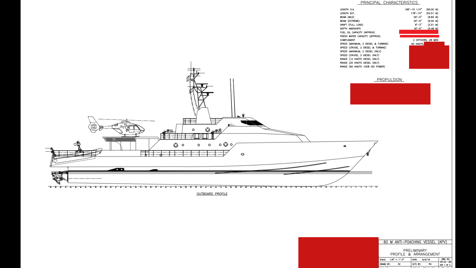 Preliminary two-dimensional outboard profile and arrangement drawing of the 60-metre Whale Defense Agency APV